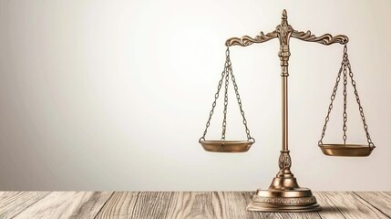 Bronze scales of justice on a wooden table against a neutral background.