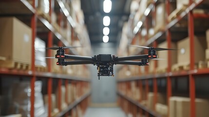Autonomous drones effortlessly scanning shelves in a futuristic warehouse