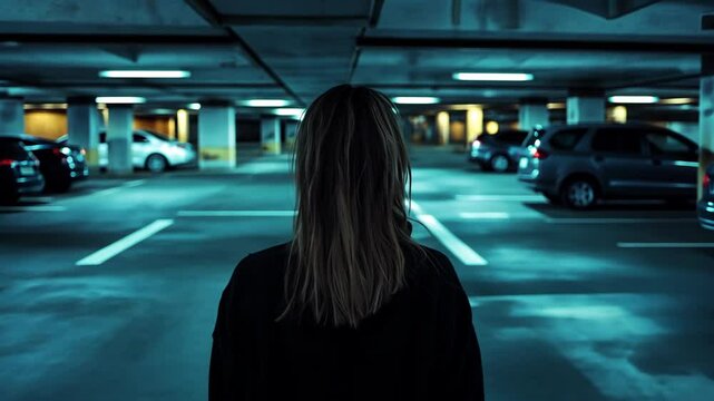A woman walks through a dimly lit parking garage at night