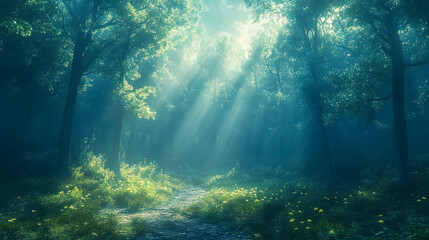 A serene forest illuminated by soft, ethereal sunlight filtering through trees, casting light on a path