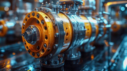 Close-up of a precision industrial machinery component with warm orange light, showcasing intricate metallic details