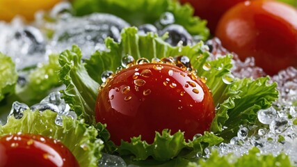 Close-up of a cherry tomato resting on crisp lettuce leaves, covered in water droplets, showcasing freshness and organic produce.
