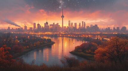 Naklejka premium A panoramic view of a city skyline at dusk, with a river running through the foreground and a starlit sky above.
