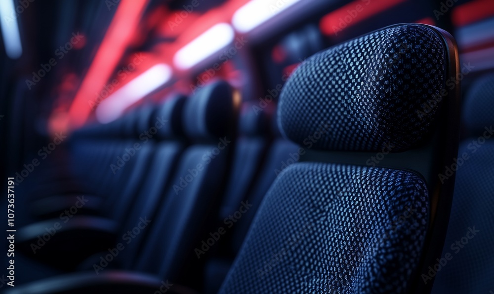 Poster A close-up of the blue and gray seats in a modern public transportation vehicle. The seats are illuminated by red and white LED lights.
