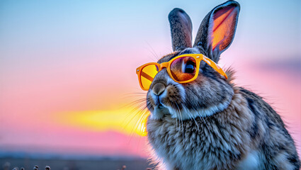 Fashionable bunny wearing yellow sunglasses. Surreal background.
