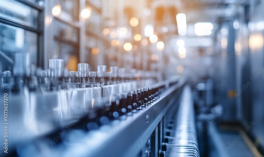 Poster a close-up view of a bottling line in a factory, showcasing bottles moving along a conveyor belt wit