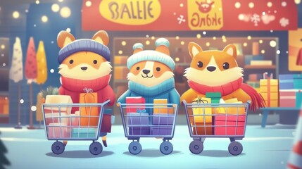 Fototapeta premium Winter animals shopping with sale items in festive store setting