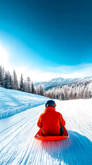 A person enjoying a thrilling sledding adventure down a snow-covered hill, surrounded by picturesque mountains and a clear blue sky, perfect for winter recreation enthusiasts.