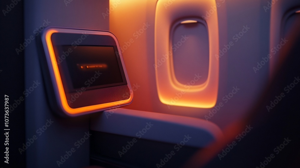 Poster a close-up view of an airplane seat with a lit screen and an orange glow.