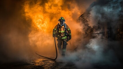 Firefighter Walking Through Smoke and Flames