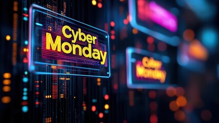 A vibrant digital display promoting Cyber Monday sales with colorful text on a futuristic background.