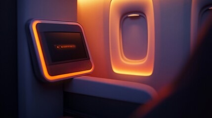 A close-up view of an airplane seat with a lit screen and an orange glow.