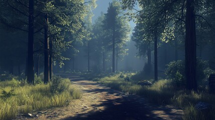 Fototapeta premium Sunlit forest path with lush greenery and tall trees