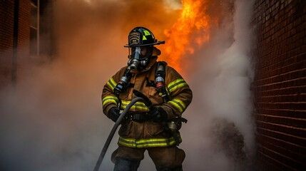 Firefighter Battling a Blaze in a Smoky Alleyway