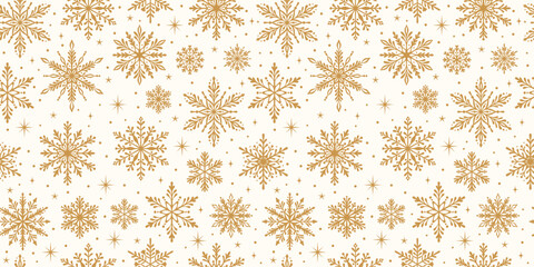 Gold snowflake vector pattern, elegant winter holiday seamless repeating background, white and golden wallpaper design