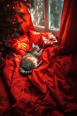 Cute cat sleeping by Christmas Tree. A cat napping on red sheets, pillows, blanket near Christmas tree. 