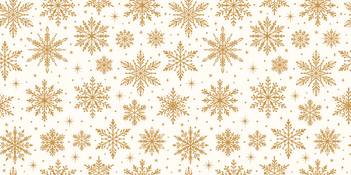 Gold snowflake vector pattern, elegant winter holiday seamless repeating background, white and golden wallpaper design