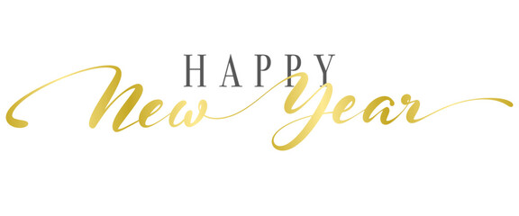 HAPPY NEW YEAR text lettering hand writen with gold ink	