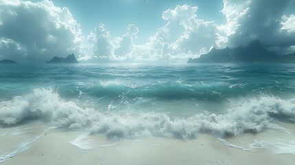 Obraz premium waves on the beach, Lightning, cloudy day, landscape