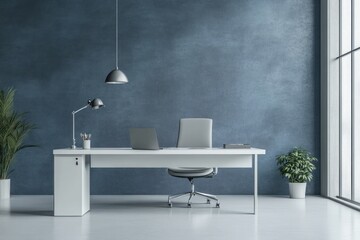 Minimalist Modern Office Workspace with White Desk and Blue Wall