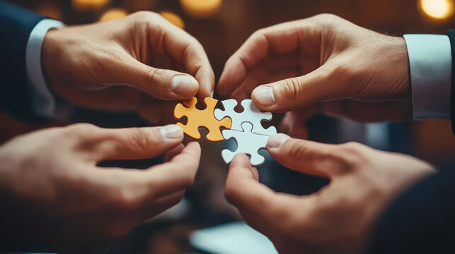 Businessmen holding jigsaw puzzle pieces, teamwork and partnership concept
