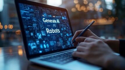 Person using a laptop with a screen displaying the words "Generate AI Robots".
