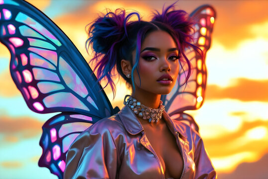 Enchanting butterfly character with iridescent wings against a magical sunset - Powered by Adobe