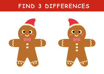 Christmas activity sheet. Find 3 differences in illustration. Educational activity with cute christmas gingerbread man illustration. Spot difference. Educational fun game for children.
