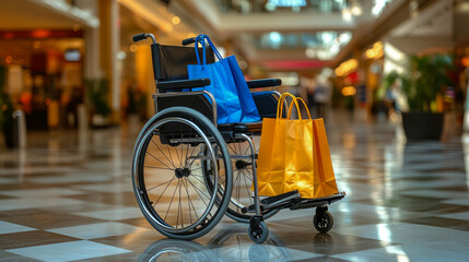 Obraz premium In a vibrant shopping mall, a wheelchair is parked with blue and orange shopping bags resting on its armrests during a busy afternoon