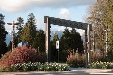 View of a popular attractions The Stanley Park Totem Poles during Springtime in Vancouver, British Columbia, Canada