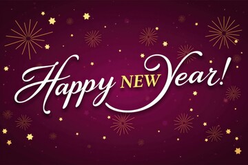 Celebrate the New Year with Style: Vibrant Happy New Year Greeting Card with Sparkling Fireworks and Golden Stars on a Rich Purple Background