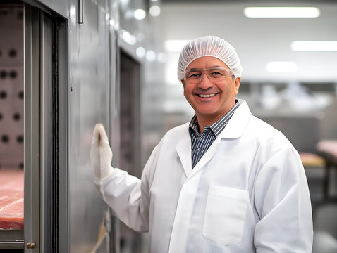 Food production worker, smiling in a food processing facility wearing a lab coat, hairnet, and gloves ensuring hygiene standards