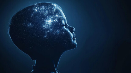 Fototapeta premium Child silhouette with stars in head, concept of imagination, dreams and universe, dark blue background