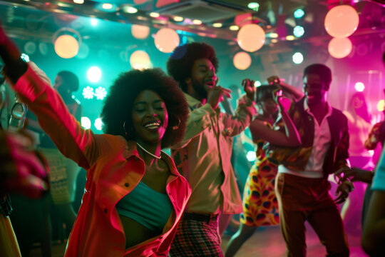 People dancing under disco balls with colorful lights and vibrant nightlife