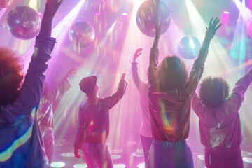 People dancing under disco balls with colorful lights and vibrant nightlife