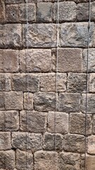 Close-up of a stone wall with rectangular bricks, showing texture and ruggedness.