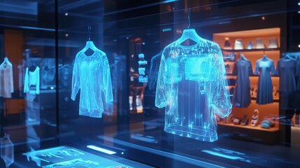 AI personalizing shopping experiences, holographic clothing options displayed in a store