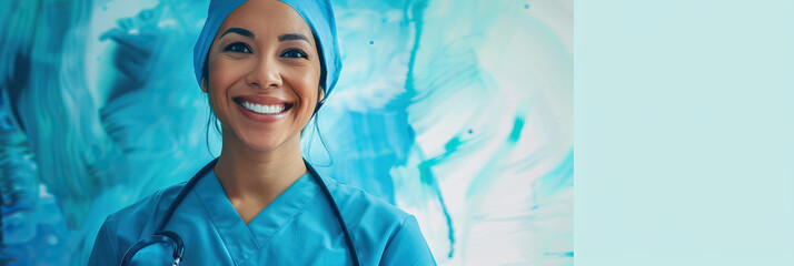Smiling Hispanic Nurse in Scrubs and Cap