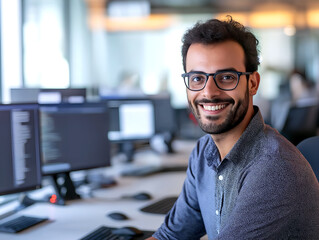 Fototapeta premium Software developer working in modern office, coding and analyzing software programs while smiling at the camera with monitors in the background