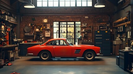 A vintage red car is inspected and maintained in an old industrial garage workshop filled with mechanic tools equipment and shelves