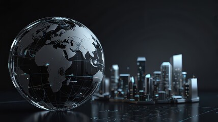 Abstract black silver background with globe and technology elements, a business presentation template Simple design of a global map on transparent glass or paper, a futuristic poster for a world 