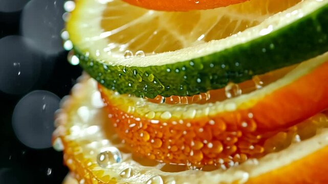 A close-up of a stack of lemon and orange slices in water