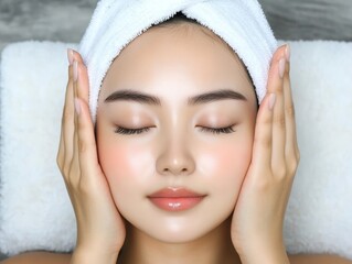 Woman finds serenity, relaxing with a towel on her head after refreshing shower or bath
