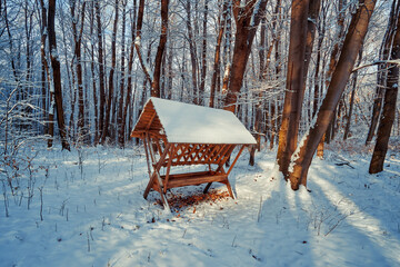 Feeder for wild deer in a winter, snow-covered forest