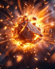Fast shutter speed capture of a meteorite mid explosion with fragments breaking apart in vivid detail hyper realistic and powerful