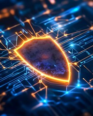 Cyber security concept with a glowing shield and abstract lines forming a virtual network over a dark background