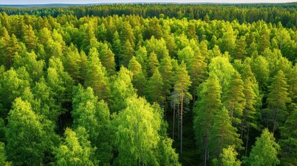 An aerial view of a lush green forest, with a variety of trees stretching as far as the eye can see.