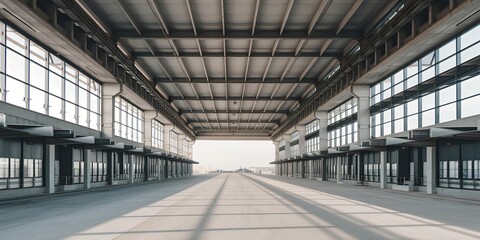 Obraz premium A long, empty industrial hallway with a steel framework and large windows.