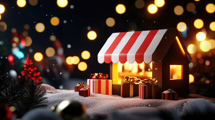 A charming miniature holiday scene featuring a gift shop with a striped awning, surrounded by festive decorations and shimmering lights.