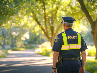 Police officer, patrolling through a peaceful park area during the daytime, maintaining safety and security
